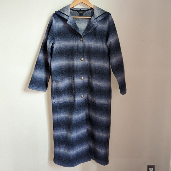 WOOLRICH VINTAGE Blue White Plaid Oversized Wool Long Lined Shaket Blanket Coat - Picture 2 of 12